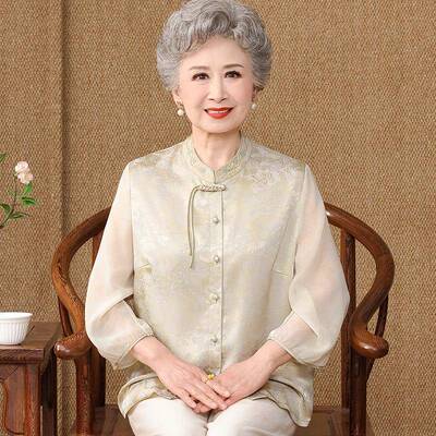 国风中老年人纱袖衬衫女夏装桑蚕丝100%大码奶奶中式真丝上衣薄款