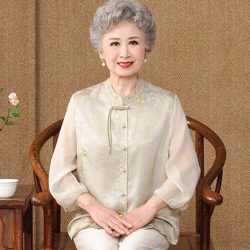 国风中老年人纱袖衬衫女夏装桑蚕丝100%大码奶奶中式真丝上衣薄款