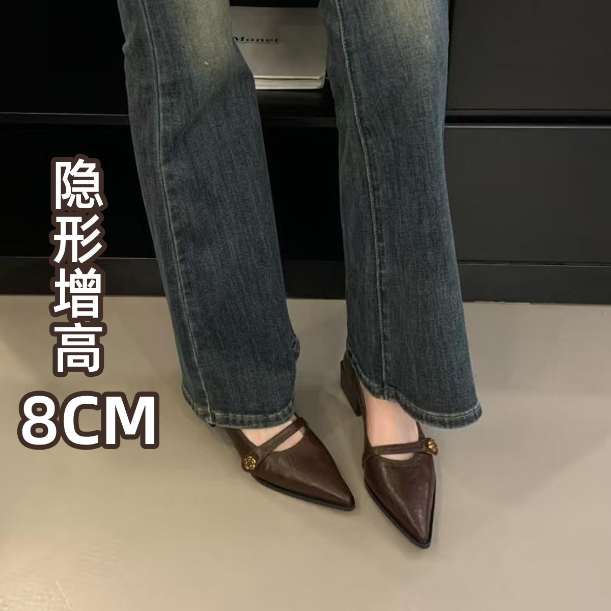 粗跟单鞋女2026春夏新款尖头小香风法式复古内增高软皮玛丽珍鞋子