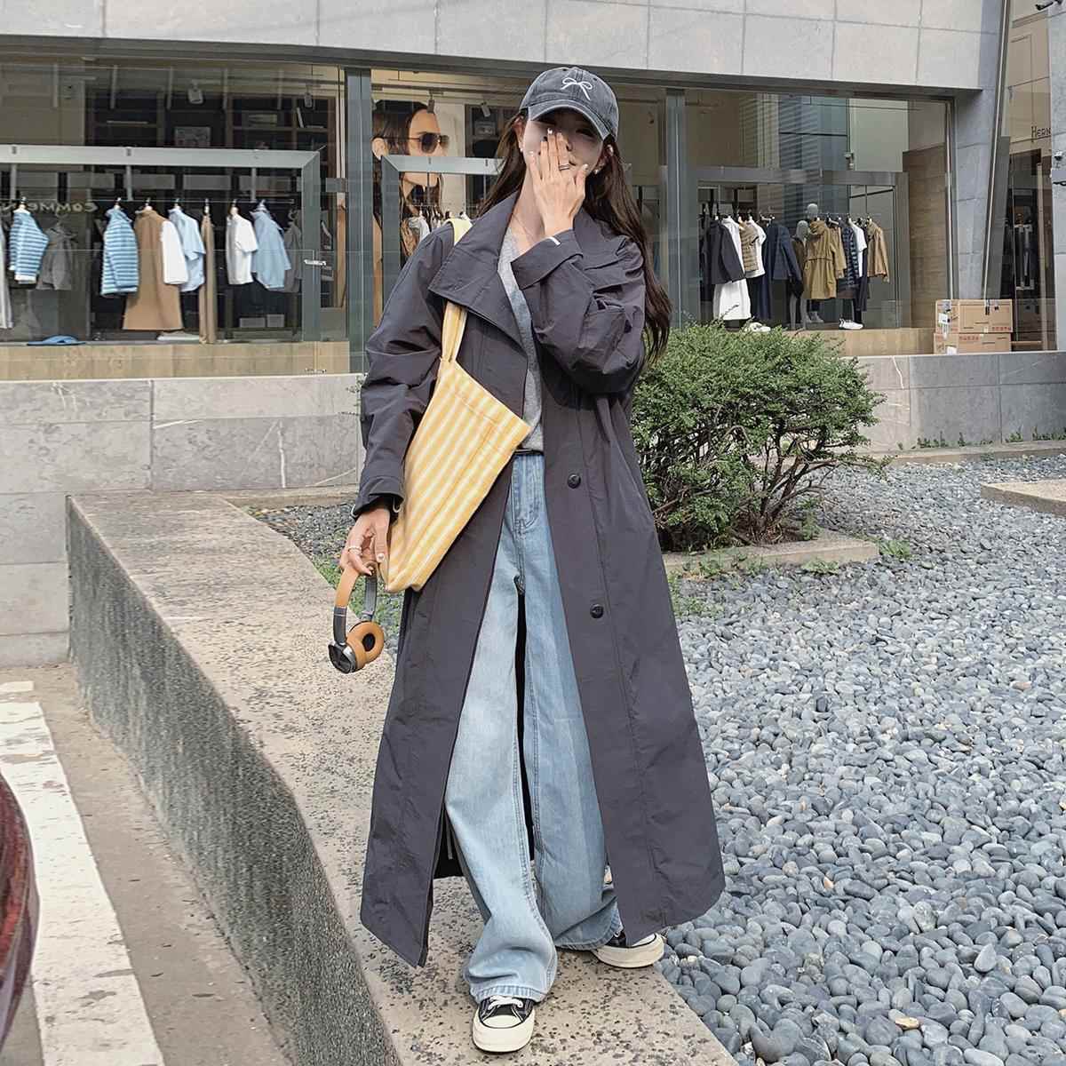 灰色超长款立领风衣外套女2025春秋新款韩系慵懒风气质单排扣大衣