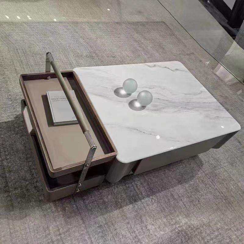 家用极简客厅长方形马鞍皮不锈钢茶几边几组合现代茶几角几组合
