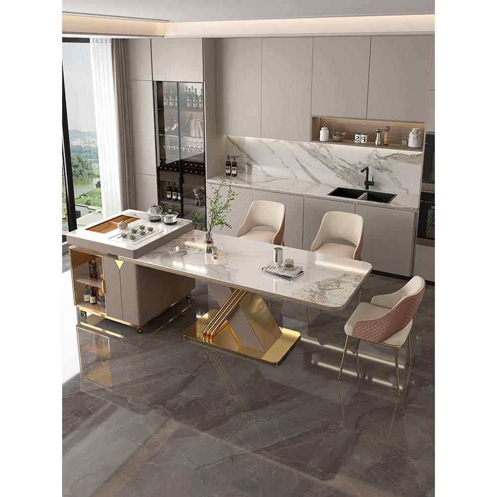 岛台餐桌一体轻奢简约多功能家用移动茶台现代客厅岩板茶桌椅组合