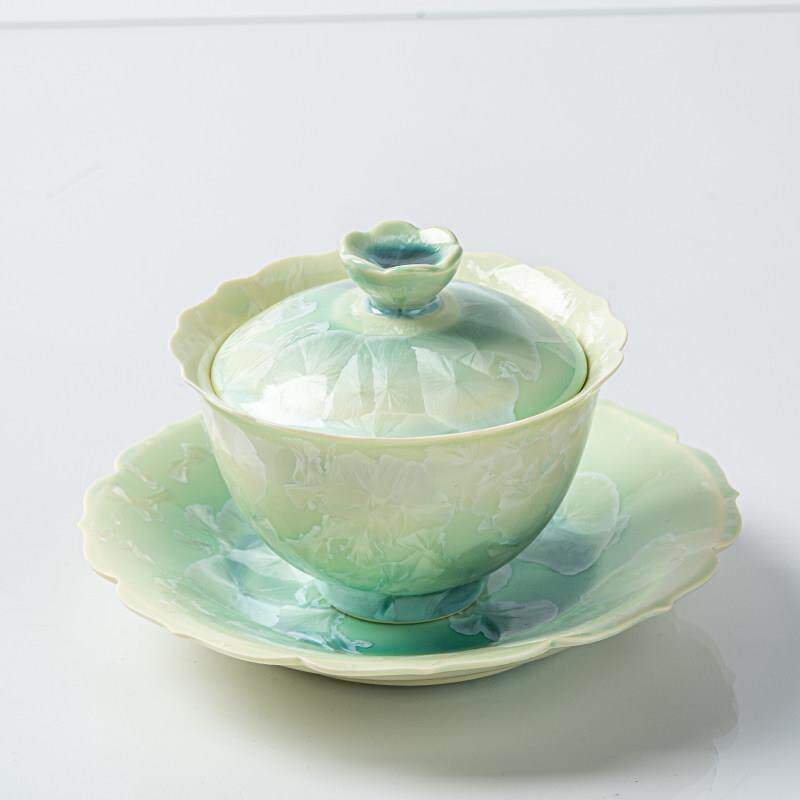 结晶釉青黄渐层三才盖碗窑变陶瓷小清新泡茶碗带盖子功夫茶具送礼