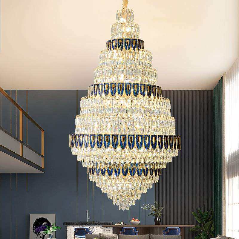 轻奢新中式别墅大厅挑空吊灯大气复式楼中空客厅金黑色水晶大吊灯