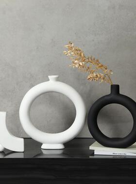 侘寂几何黑白陶瓷花瓶家居软装ins中古风现代抽象酒柜装饰品摆件