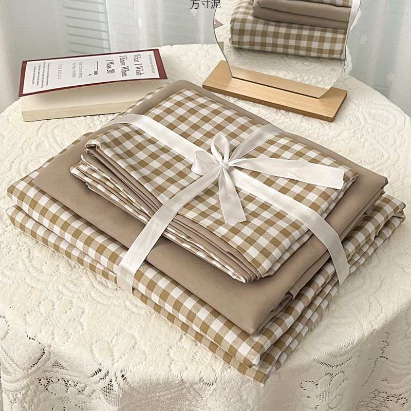 日式水洗棉四件套格子床单被套简约宿舍三件套床上用品床笠款套件