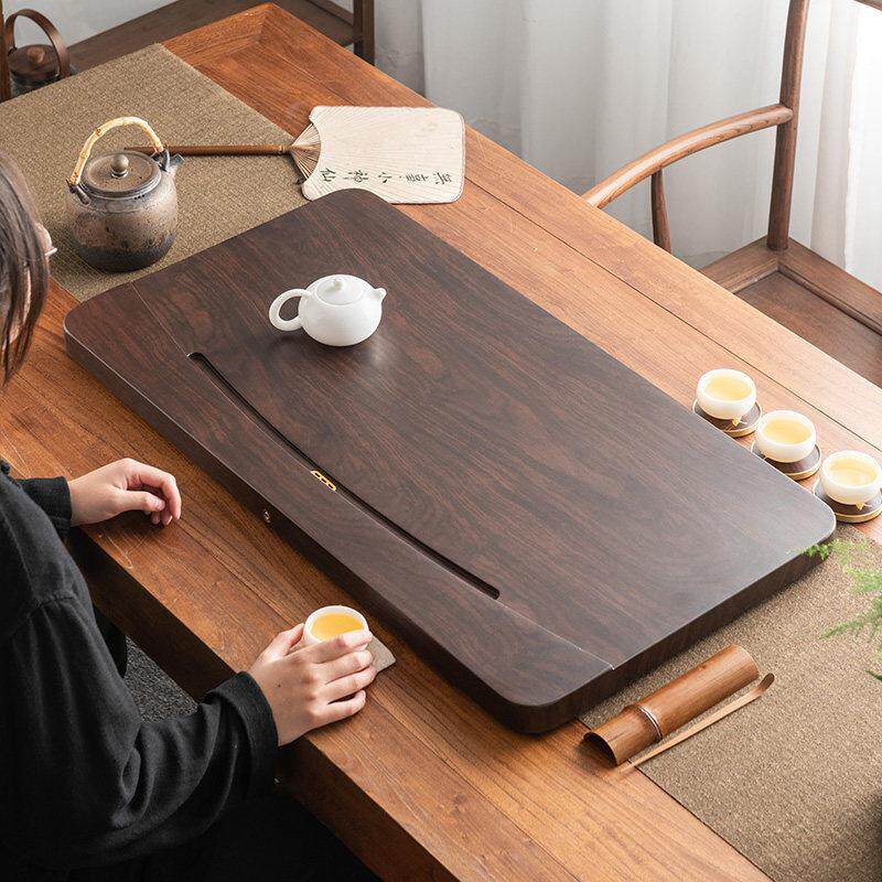 实木茶盘家用新款整块茶具托盘长方形黑檀木纹排水现代简约泡茶台