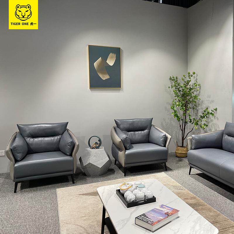 虎一办公家具商务办公沙发茶几简约现代时尚三3人位灰西皮科技布