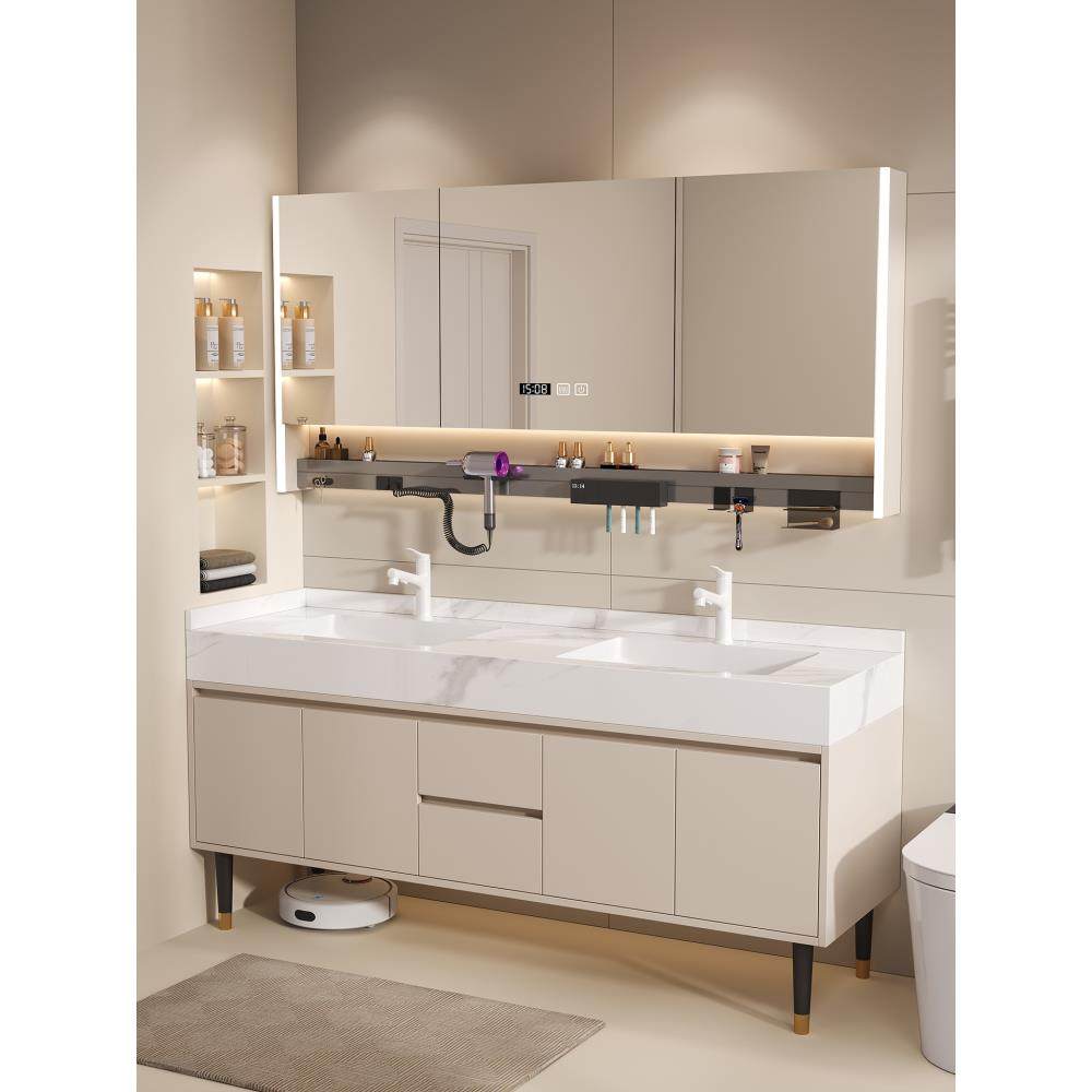 多功能岩板热弯一体无缝双盆浴室柜组合卫生间洗漱台洗手脸盆落地