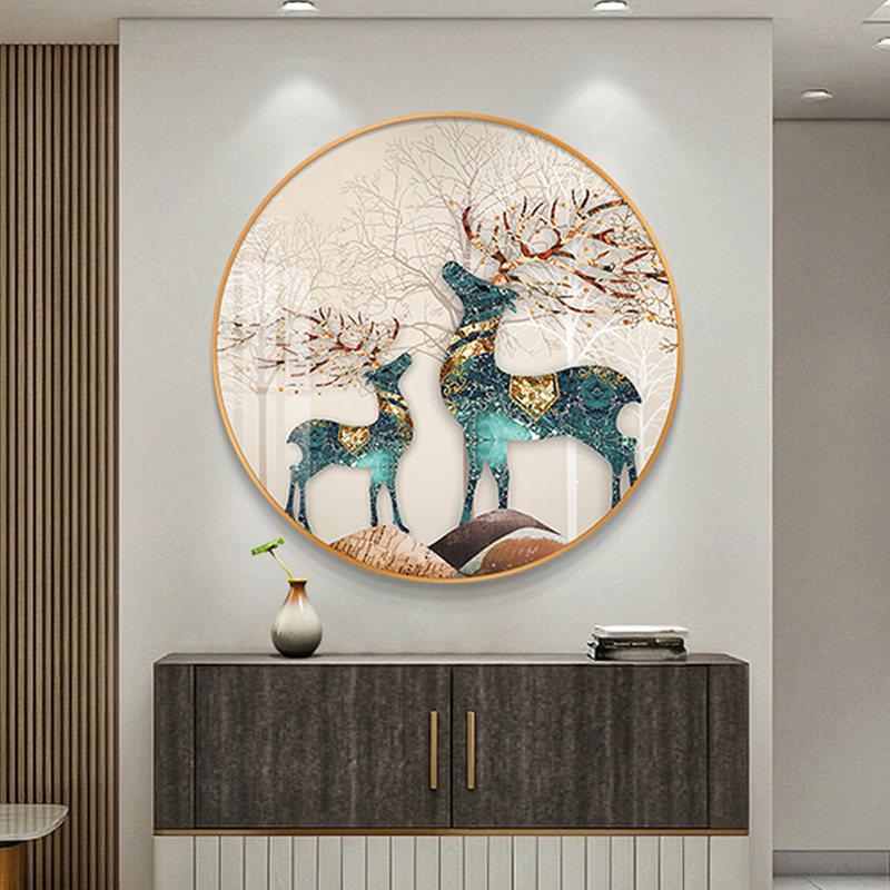 发财鹿招财入户玄关装饰画圆形现代客厅饭厅墙壁画走廊过道挂画