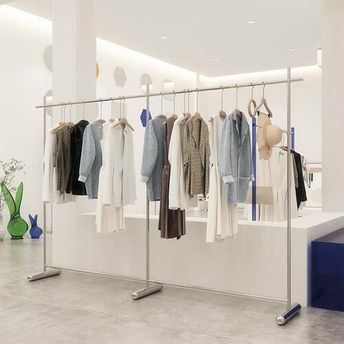 服装店展示架陈列架不锈钢女装货架侧挂中岛架落地式拉丝银挂衣杆