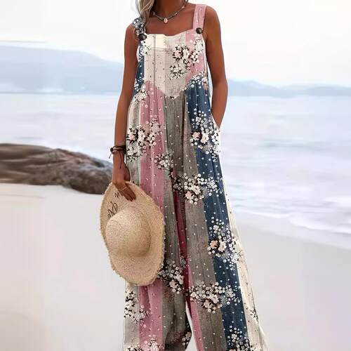 Womens Spring Floral Print Overalls Jumpsuits One Piece