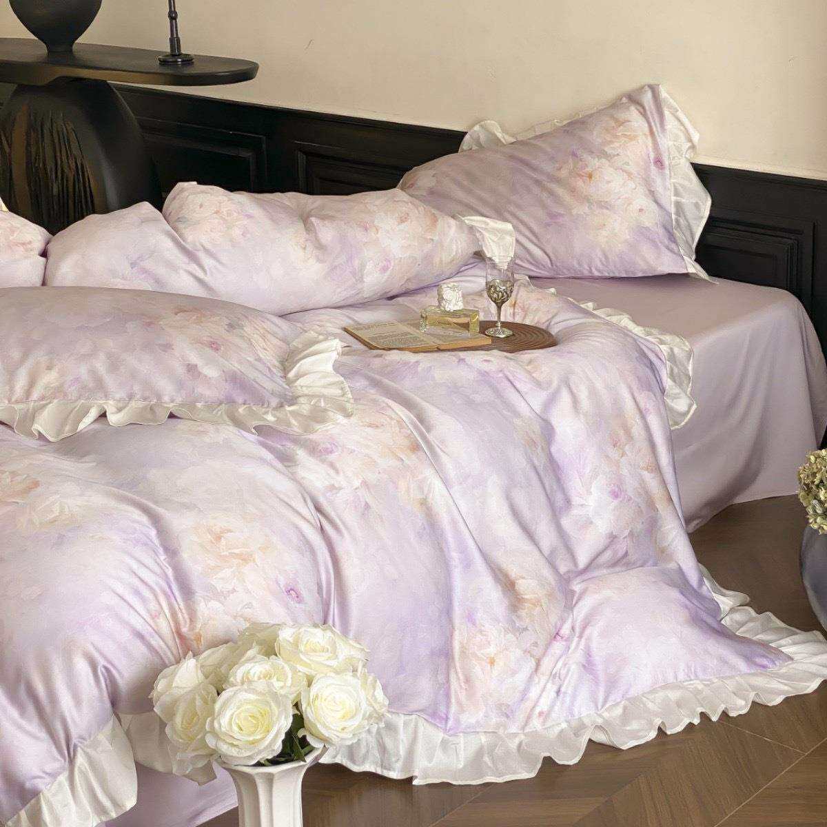 法式公主风60支天丝棉四件套浪漫荷叶花边印花被套床单女生床品