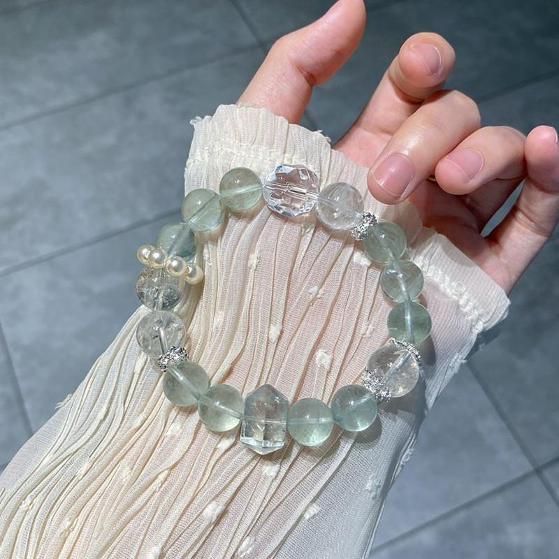 天然绿水晶8/10mm绿阿塞圆珠搭配白水晶绿萤石手链手串女款百搭