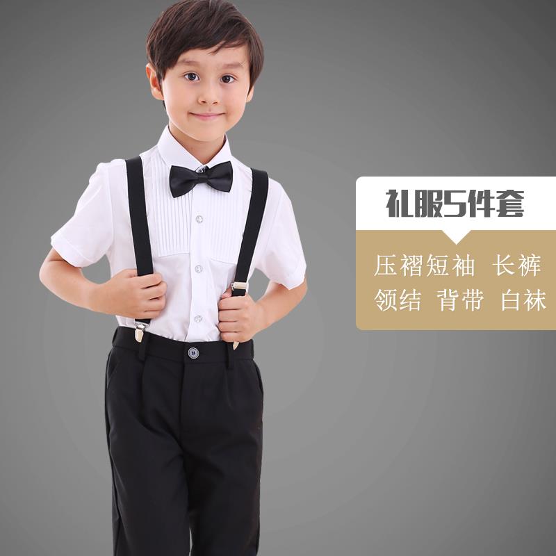 新款儿童学幼生大演合唱出礼服男童衬衫背带裤男孩儿园毕业拍照白