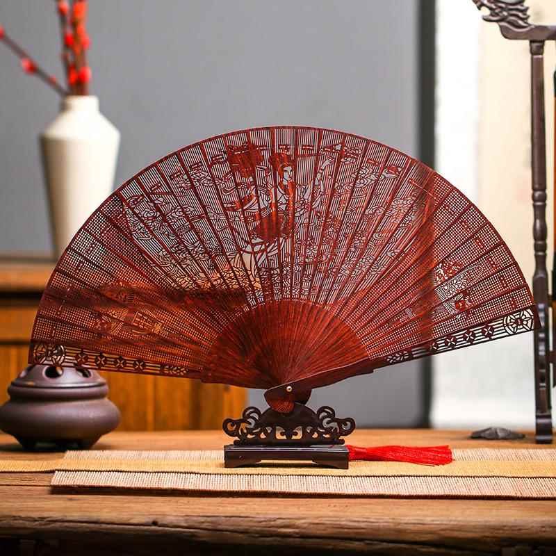 檀香紫檀扇子镂空折扇古风小叶金丝楠乌木黄花梨高端中国风苏扇