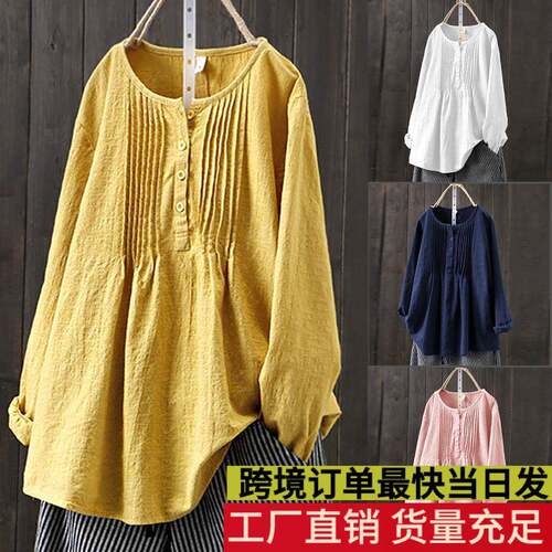 Long sleeved pleated round neck shirt for women
