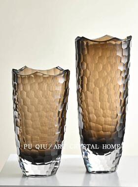 艺术高端菱端形棕FRO色玻装璃花瓶别墅卧室床头直柜饰高花瓶花盆