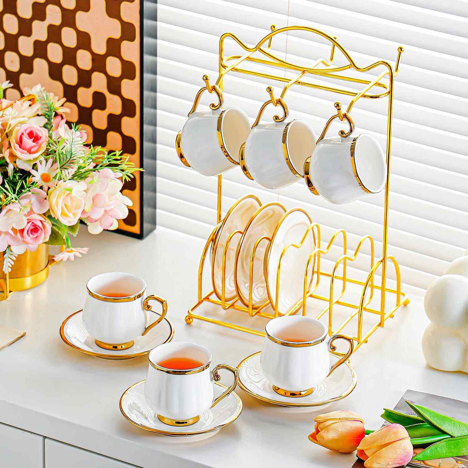 精致陶瓷茶杯简约陶瓷咖啡杯碟套装家用迷你小拿铁杯 复古咖啡杯