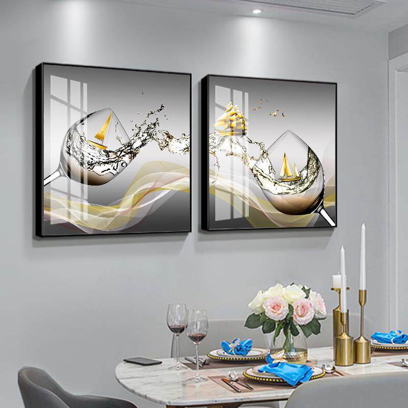高档餐厅装画现代简杯约墙画新家挂画两联厅壁饰画餐桌水果酒厨饭