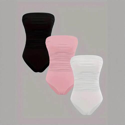 Solid Ruched Snap Closure Crotch Tube Bodysuit Casual