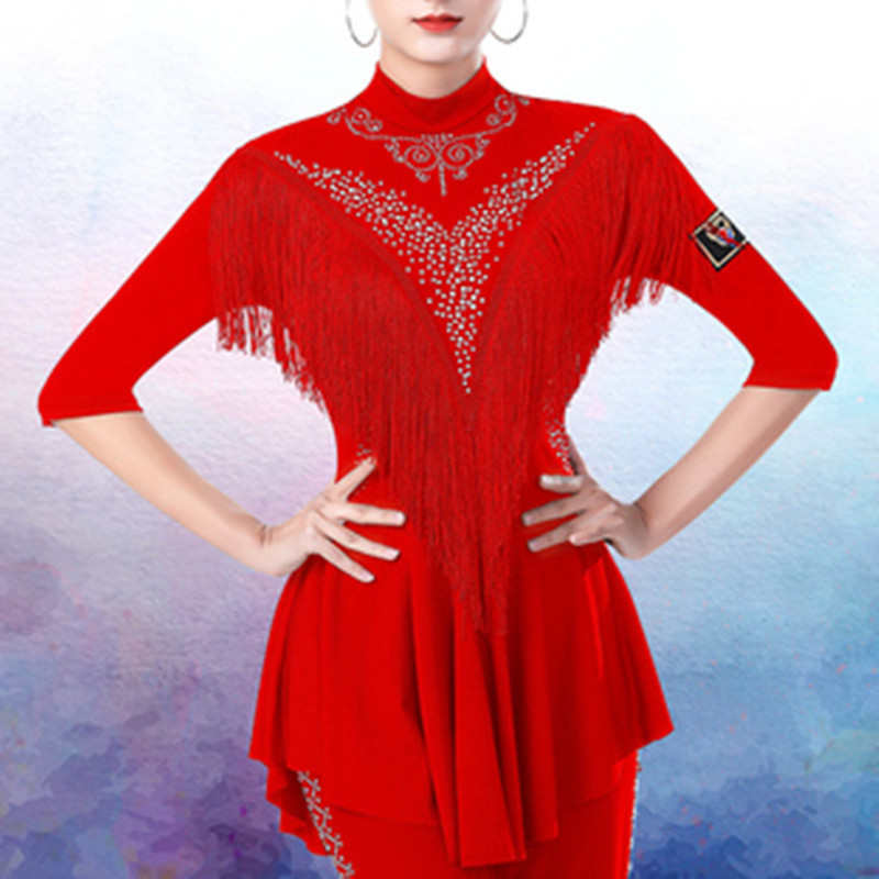 拉丁舞服巴野营吉特套装舞镶袖新款女袖长钻舞蹈中流苏越广场上衣