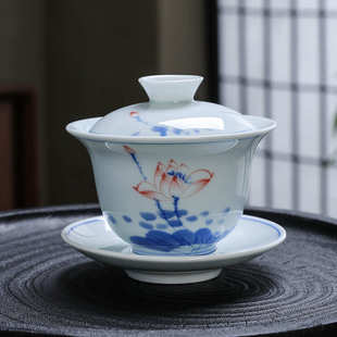 复古泡茶碗单个家用不烫手陶瓷功夫茶具 仿古青花手绘三才盖碗中式