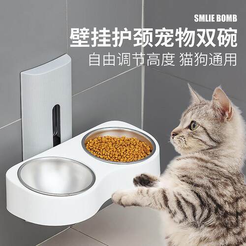 挂壁宠物双碗不锈钢防打翻猫碗狗碗水粮一体可调节高脚陶瓷喂食碗