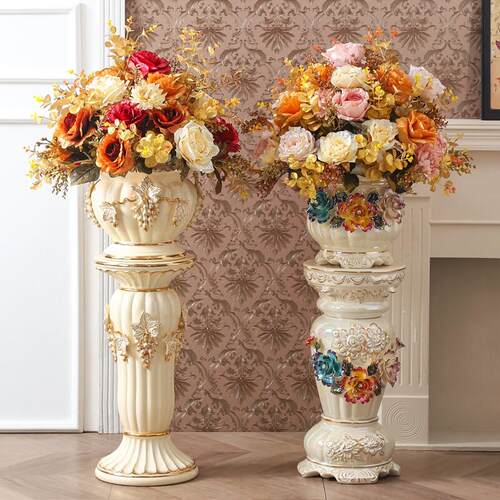 欧式落地花瓶大号陶瓷罗马柱子摆件客厅电视柜奢华插花艺装饰花盆