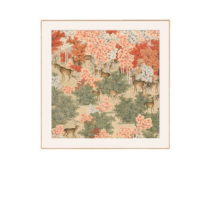 丹枫呦鹿图新中式花卉卧室装饰画中古风中国风玄关挂画茶室民宿画图片