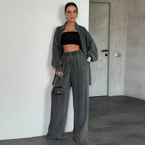 Women'S 2 Piece Outfit Turn-Down Collar Long Sleeve Curved