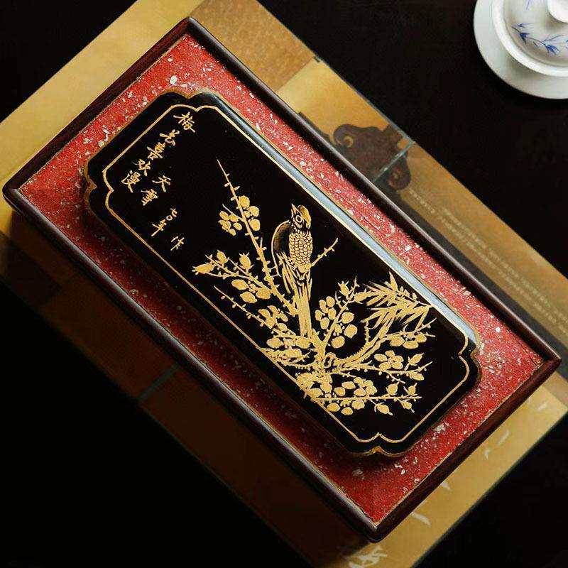 大红酸枝老料镶嵌老花板首饰盒全独板描金工艺勾画花鸟图收纳盒