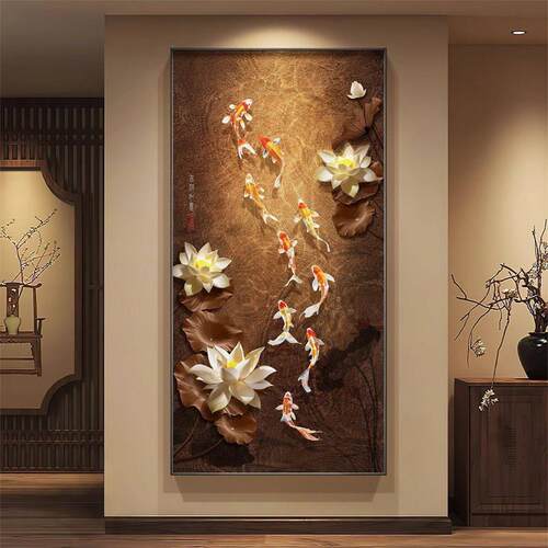新中式九鱼图入户装饰画高级感走廊过道壁画玄关画进门正对门壁画