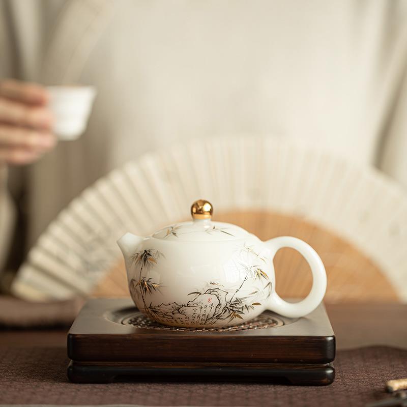 金镶玉冰种羊脂玉瓷茶壶西施壶泡茶壶陶瓷茶具轻奢描金节日送礼
