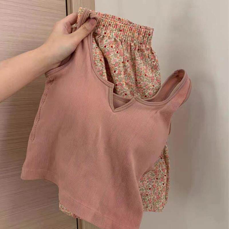 甜美带胸垫吊带睡衣女夏季运动背心碎花短裤可外穿棉感家居服套装
