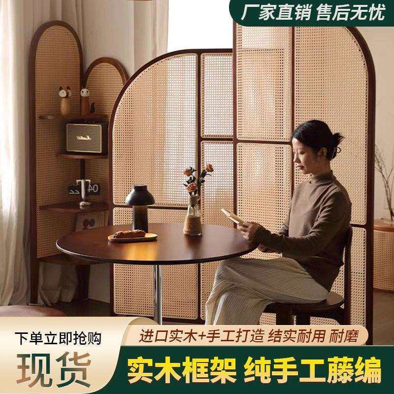 新实木中古藤编屏风小客厅隔断正对门入户玄关可移动卧室座屏绢花