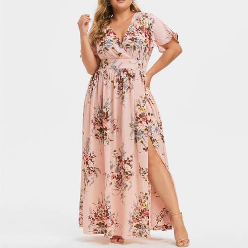 Women’s Plus Size Floral Print Dress V-Neck A-Line Midi