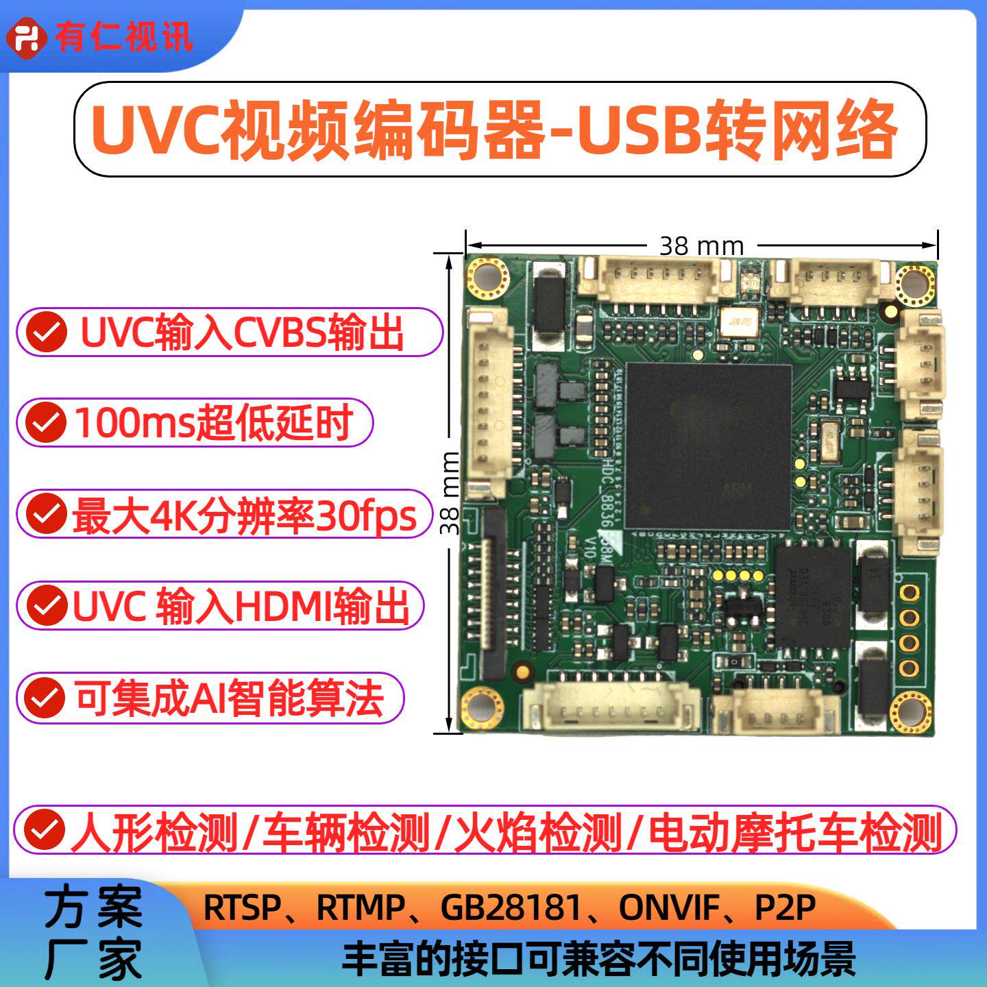 低延时USB/UVC编码器板视频转网络USB视频采集模块集成AI智能算法