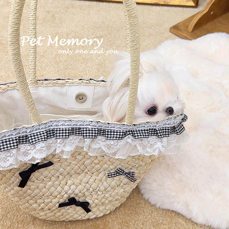 韩国犬猫宠物外出包原创编织草篮蕾丝花边法式手提包草编包