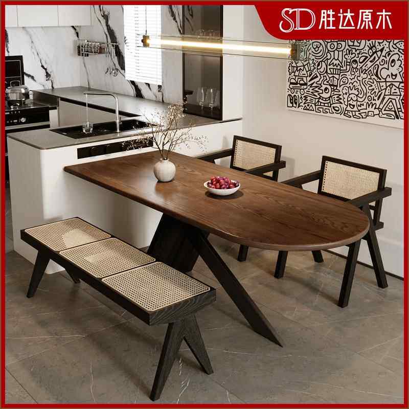 法式白蜡木餐桌实木饭桌黑色岛台餐桌一体简约小户型长西餐桌家用