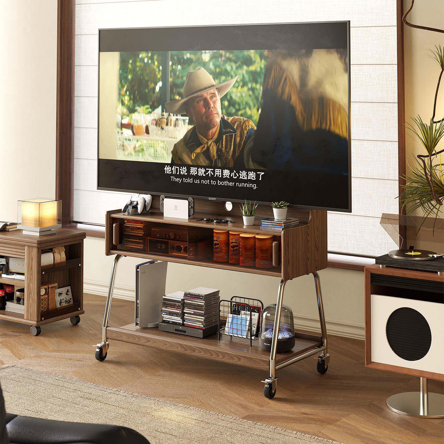 白蜡木可移动电视支架储物带轮小户型客厅家用43-75寸中古电视柜
