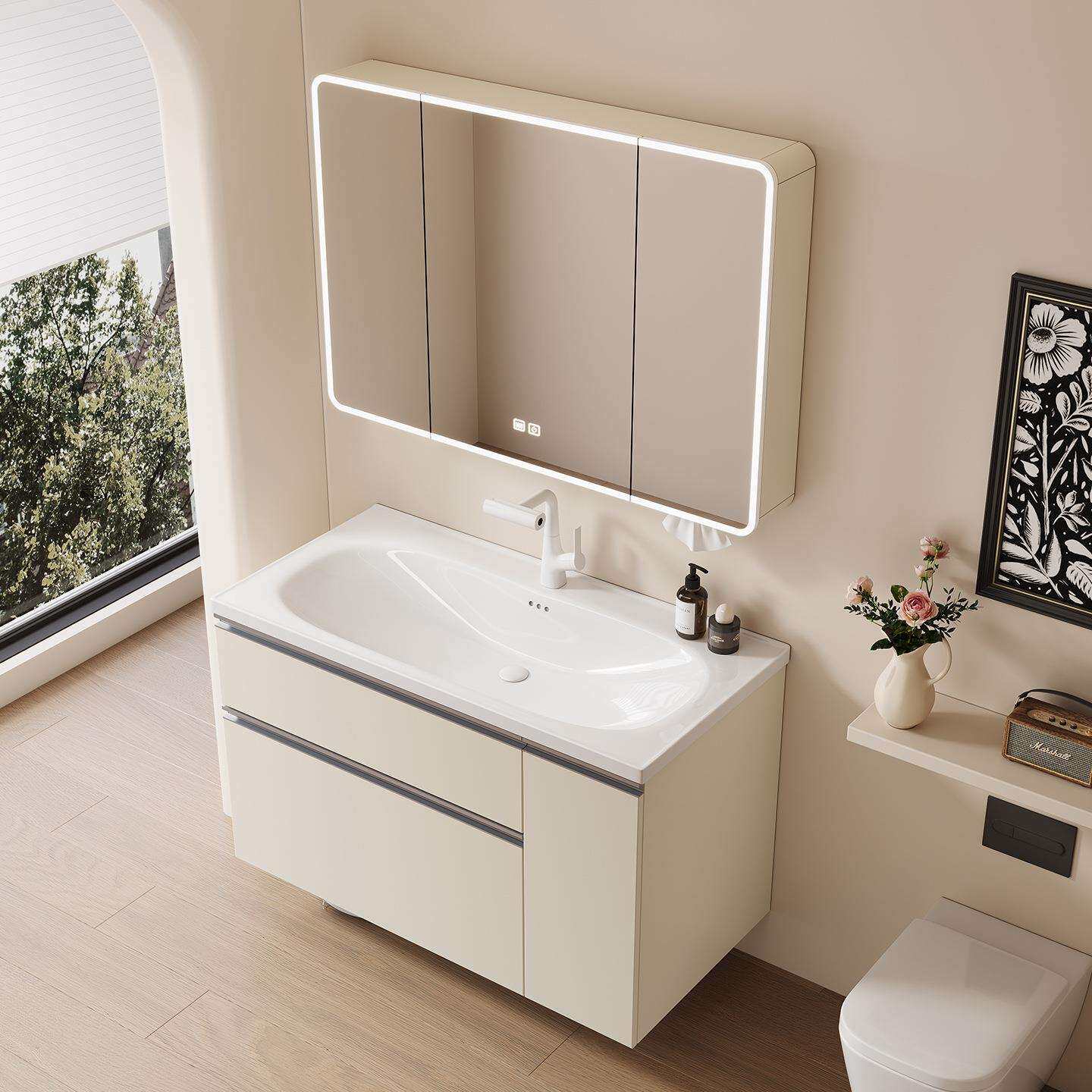 日式不锈钢拉篮全铝蜂窝铝浴室柜组合陶瓷一体鸡蛋盆洗手台洗脸池