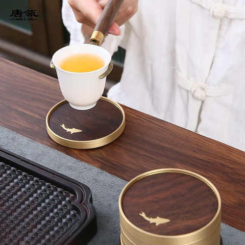 创意铜木结合杯垫功夫茶具配件杯垫黑檀实木镶铜隔热垫茶垫茶托