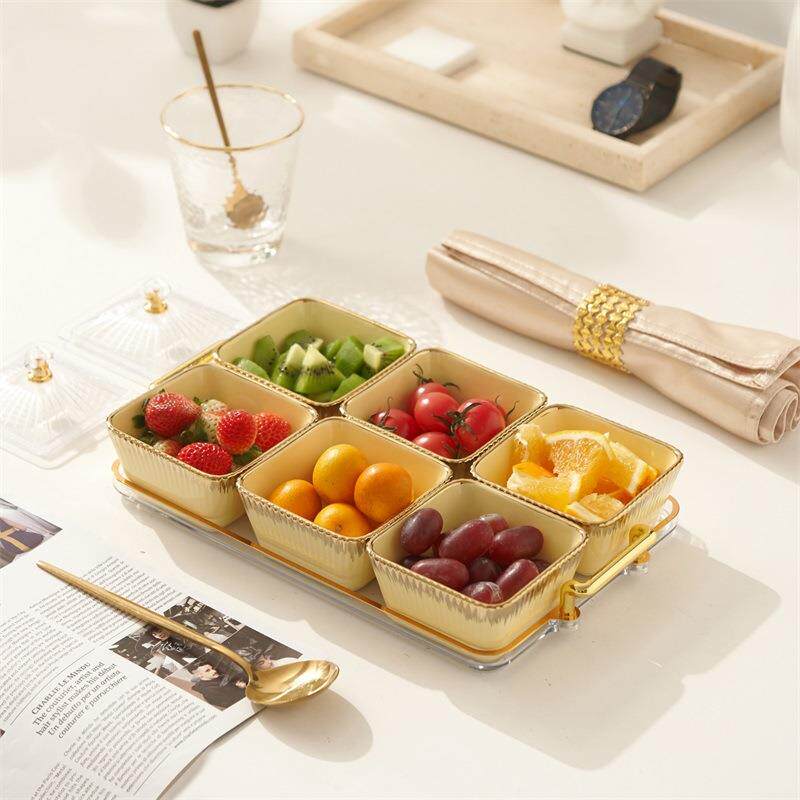 新款奶油风干果盒家用陶瓷分格干果盘高颜值金边点心盘客厅糖果盘