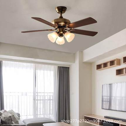 美式led客厅风扇灯传统铁艺餐厅吊扇灯卧室led风扇吊灯遥控电风扇