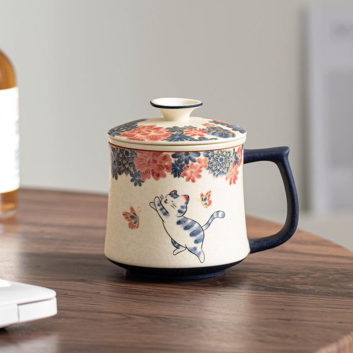 陶瓷茶水分离杯办公杯岩矿白中式个人专用主人杯大容量过滤泡茶杯