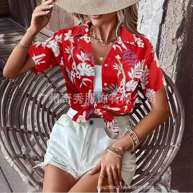 Womens Hawaiian Shirt Tropical Floral Shirt Button V Neck