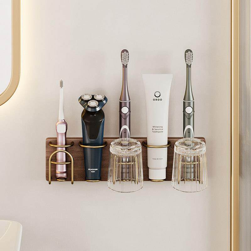 化妆室电动牙刷置物架洗漱台免打孔壁挂式实木牙膏牙杯沥水收纳层