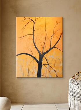 网红抽象黄色大树手绘油画发财装饰树画客金挂画入户廊玄关肌厅理