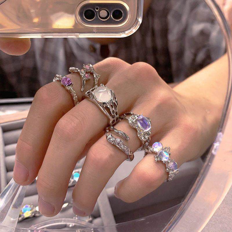 rings women覆古轻奢高级感开 口可调节食指戒ins月光石戒指女Rin